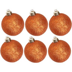 6x stuks kunststof glitter kerstballen oranje 8 cm