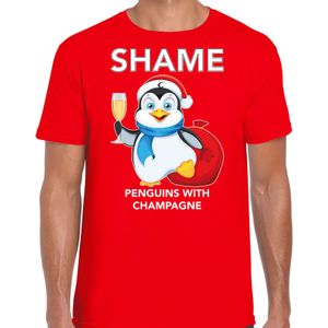 Rood  Kerst shirt/ Kerstkleding met pinguin Shame penguins with champagne voor heren