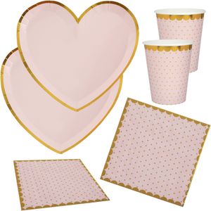 Feest wegwerp servies set - hartje - 20x bordjes / 20x bekers / 20x servetten - roze/goud