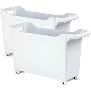 Set van 2x stuks kunststof trolleys wit op wieltjes L45 x B17 x H29 cm - Voorraad/opberg boxen/bakken