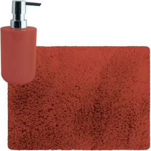 MSV badkamer droogloop tapijt/matje - Langharig - 50 x 70 cm - inclusief zeeppompje in dezelfde kleur - terracotta