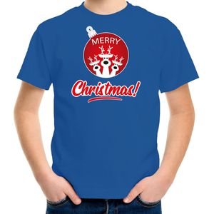 Blauw Kerst shirt / Kerstkleding Merry Christmas voor kinderen met rendier kerstbal