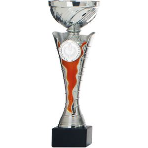 Luxe trofee/prijs beker - zilver - wimpel rood - kunststof - 23 x 8 cm - sportprijs