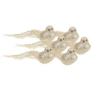 6x stuks kunststof decoratie vogels op clip goud glitter 21 cm