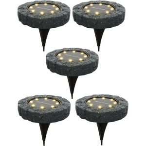 Lumineo Solar grond prikspot/tuinspot - 5x - kunststeen - steengrijs - 11 x 2 cm