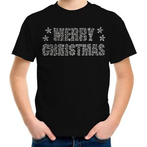 Glitter kerst t-shirt zwart Merry Christmas glitter steentjes voor kinderen - Glitter kerst shirt