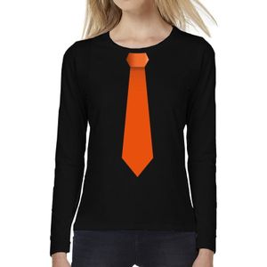 Zwart long sleeve t-shirt zwart met oranje stropdas bedrukking dames