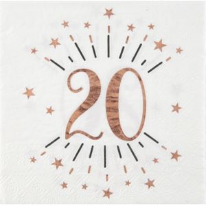 Santex Verjaardag feest servetten leeftijd - 10x - 20 jaar - rose goud - 33 x 33 cm