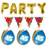 Verjaardag feestversiering 45 jaar PARTY letters en 16x ballonnen met 2x plastic vlaggetjes