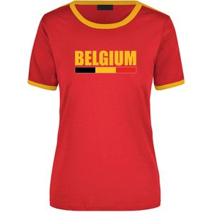 Belgium supporter ringer t-shirt rood met gele randjes voor dames - Belgie supporter kleding