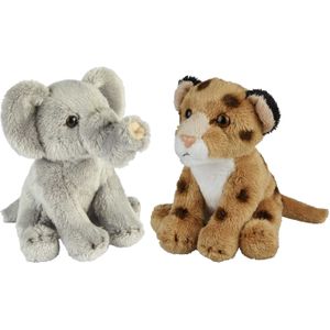 Safari dieren serie pluche knuffels 2x stuks - Olifant en Luipaard van 15 cm