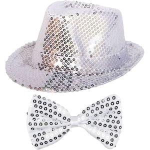 Carnaval verkleed set hoed met vlinderstrikje zilver glitters