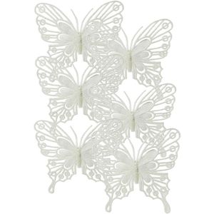 Decoris kerstversiering vlinders op clip - 6x -wit - 13 cm - glitter