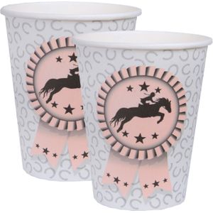 Santex feest wegwerp bekertjes - paarden - 20x stuks - 270 ml - lichtgrijs/roze - karton