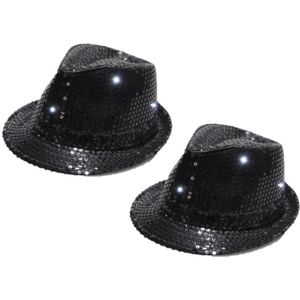 2x stuks glitter hoed zwart met LED verlichting