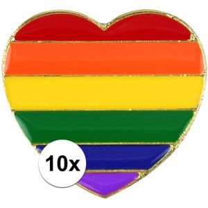 10x Regenboogvlag kleuren metalen hartje broche 3 cm