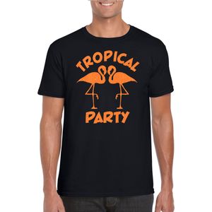 Bellatio Decorations Tropical party T-shirt heren - met glitters - zwart/oranje -carnaval/themafeest