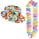 Carnaval verkleed set - Tropische Hawaii party - trilby hoedje met bloemenslinger - volwassenen