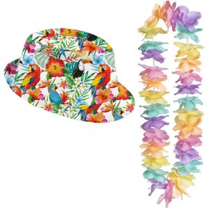 Carnaval verkleed set - Tropische Hawaii party - trilby hoedje met bloemenslinger - volwassenen