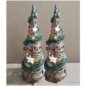 LED piramide kerstboom - 2x - H60 cm - rotan - kerstverlichting