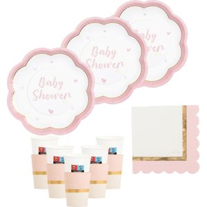 Givi Italia Feestbordjes/servies set - 16-delig - baby shower - roze - rond - papier/karton