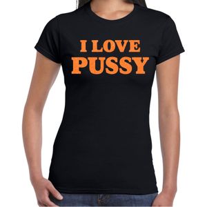 Foute party t-shirt dames - I love pussy - zwart - glitter oranje