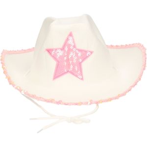 Guirca Carnaval verkleed Cowboy hoed Stars - wit/roze - voor volwassenen - Western thema