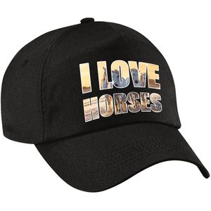 Dierenpet / natuurliefhebber cap I love horses / witte paarden op het strand zwart voor dames en heren