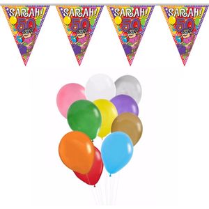 Verjaardag 50 jaar feest thema set 50x ballonnen en 2x Sarah print vlaggenlijnen