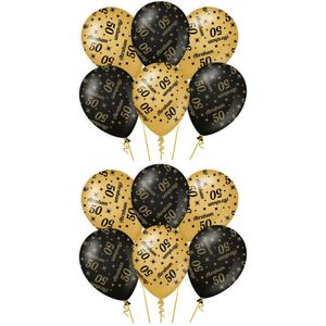 12x stuks luxe Abraham/50 jaar feest ballonnen - zwart/goud - latex - ca 30 cm