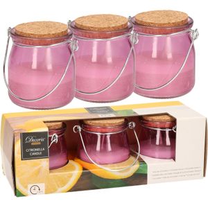 Set van 9x stuks anti muggen Citronella kaars in paars glazen potje - Geurkaarsen citrus geur - Anti-muggen kaarsen