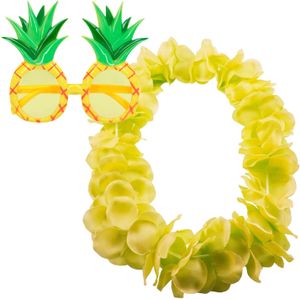 Tropische Hawaii party verkleed accessoires set - Ananas zonnebril - en bloemenkrans fluor geel