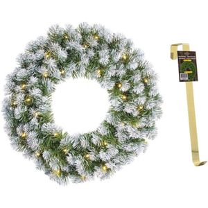 Kerstkrans/deurkrans groen met verlichting 30 lampjes en sneeuw 60 cm en met gouden hanger