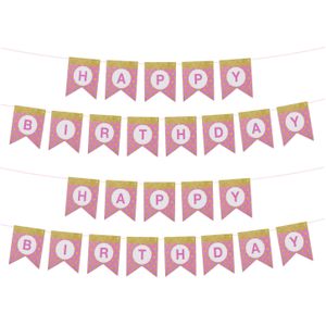 Funny Fashion Happy Birthday thema feestslinger - 2x - verjaardag - roze/goud - 300 cm - papier