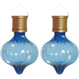 Lumineo solar hanglamp bol/lampion - 2x - Marrakech - kobalt blauw - kunststof - D8 x H12 cm