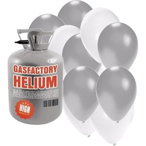 Bruiloft helium tankje met zilver/witte ballonnen 30 stuks