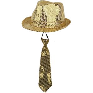 Party carnaval verkleed hoedje en stropdas goud glitters