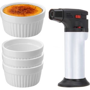 5-Delige creme brulee set met witte schaaltjes en een zilveren brander