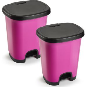 2x Stuks afvalemmer/vuilnisemmer/pedaalemmer 18 liter in het roze/zwart met deksel en pedaal