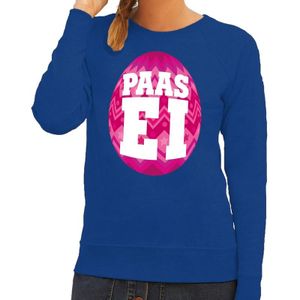 Pasen sweater blauw met roze paasei voor dames