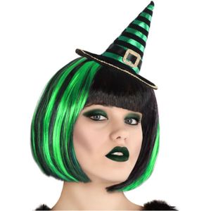 Halloween heksenhoed - mini hoedje op diadeem - one size - zwart/groen - meisjes/dames