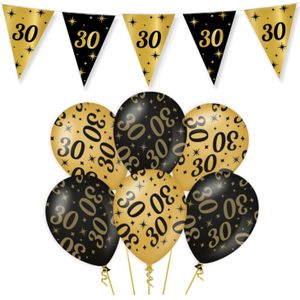 Leeftijd verjaardag feestartikelen pakket vlaggetjes/ballonnen 30 jaar zwart/goud