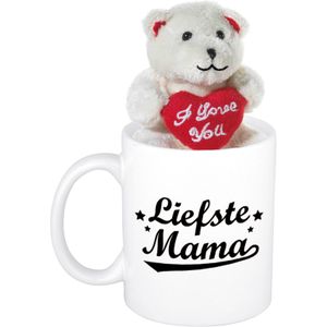 Moeder cadeau Liefste mama beker / mok 300 ml met beige knuffelbeertje met love hartje - Moederdag cadeautje