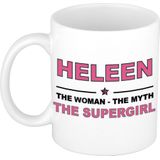 Naam cadeau mok/ beker Heleen The woman, The myth the supergirl 300 ml
