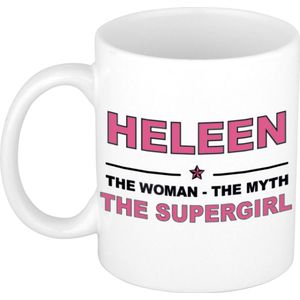 Naam cadeau mok/ beker Heleen The woman, The myth the supergirl 300 ml