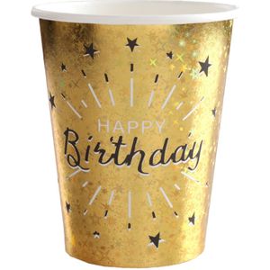 Santex Verjaardag feest bekertjes happy birthday - 10x - goud - karton - 270 ml