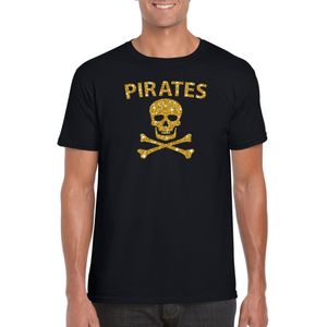 Carnaval foute party piraten t-shirt / kostuum zwart heren met gouden glitter bedrukking