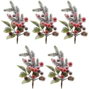 5x Kerststukje instekertjes met bessen en sneeuw groen/rood 20 cm