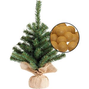 Mini kunst kerstboom groen met verlichting - in jute zak - H45 cm  - okergeel