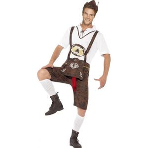 Bruine funny bierfeest/oktoberfest  lederhosen verkleedkleding broek met bratwurst/braadworst voor heren